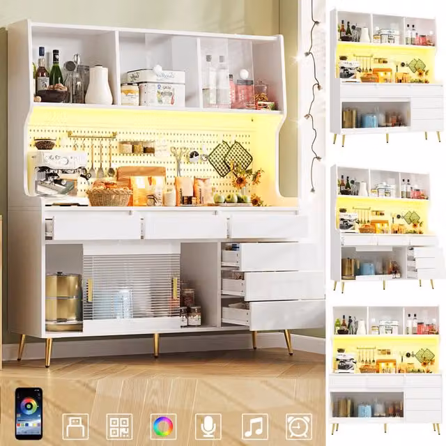 Armadio alto moderno bianco 145x39x171 cm con illuminazione LED e controllo app, 1 cassetto, ripiano portaoggetti e pannello forato