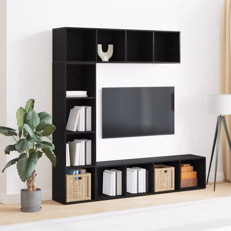 Set di 3 librerie moderne vidaXL in MDF nero opaco con 12 livelli, L/P/H: 36 x 30 x 143 cm