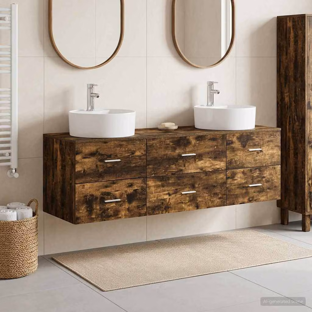 Set di 3 mobili da bagno moderni vidaXL in legno color rovere fumo, L 161,5 x P 44,5 x H 82 cm