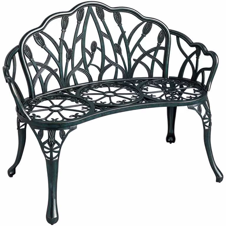 Panca da giardino in stile antico, verde, realizzata in alluminio pressofuso, con due posti a seduta, dimensioni 99x57x78 cm. Panca da esterno, arredo da giardino