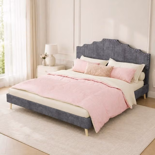 Letto matrimoniale 160 × 200 cm con testiera geometrica in tessuto grigio rete a doghe e struttura in metallo