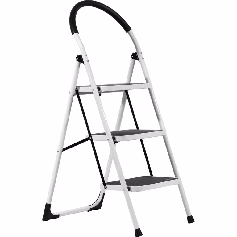 Sgabello richiudibile High a 3 gradini Soluzione Brico in metallo e plastica, bianco e nero, H: 115 cm, L: 65 cm, P: 48 cm