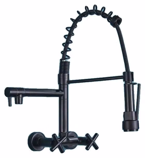 Rubinetto da cucina, montaggio a parete, design a due manopole, colore nero con dettagli a cerchio