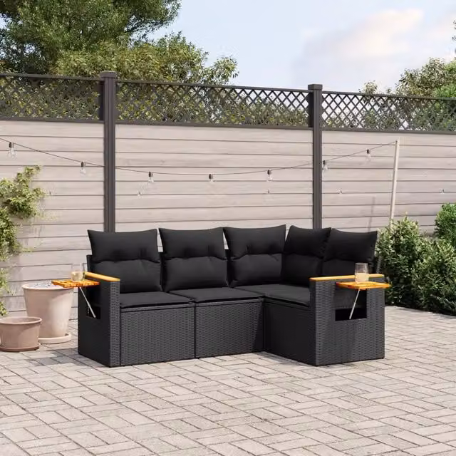 Set Divani da Giardino 4 pz con Cuscini Nero in Polyrattan 3259171
