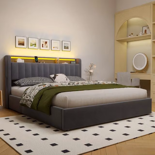 Letto imbottito 180 × 200 Letto per bambini con luce LED e prese elettriche; letto boxspring con contenitore; grigio (senza materasso)