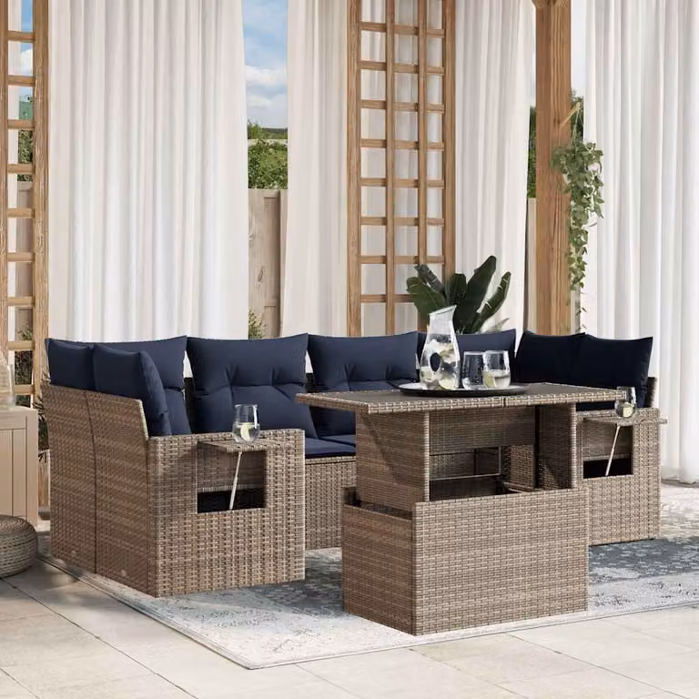 Set Divani da Giardino vidaXL 7 pz in Polyrattan con Cuscini e Tavolino, Design Moderno a L, Grigio e Blu