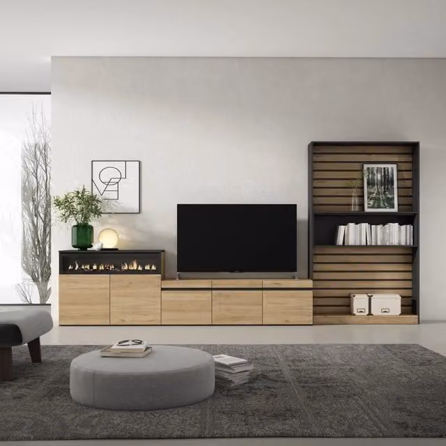Mobile TV per soggiorno SKRAUT HOME con camino elettrico e illuminazione integrata, Rovere e nero, L: 360 cm, P: 35 cm, H: 186 cm – 1