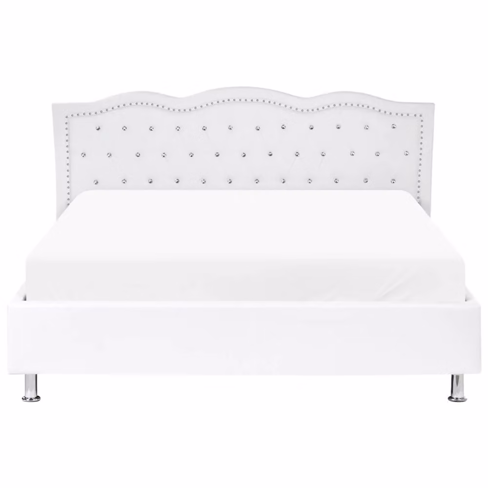 Letto Beliani Bianco in Ecopelle con Cornice Imbottita e Bottoni in Cristallo L/P/H: 160 x 200 cm – 2
