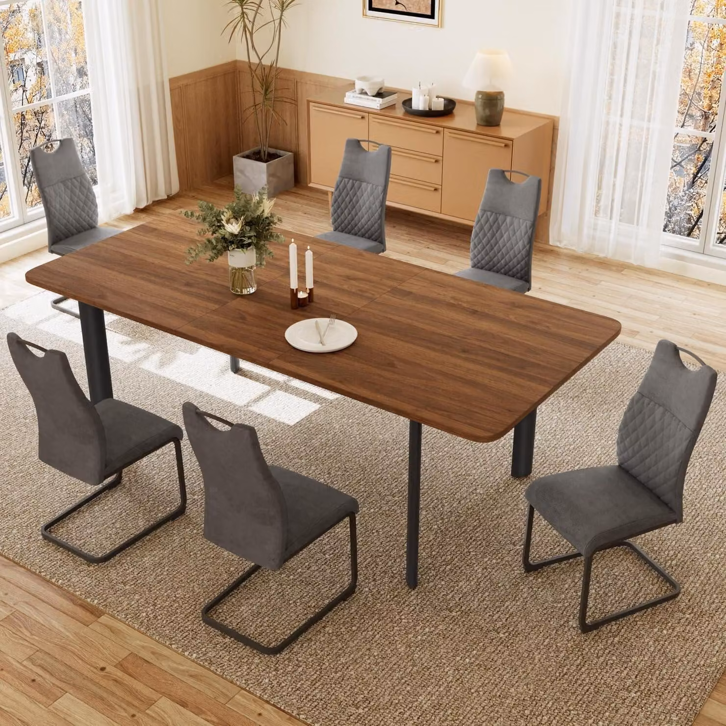 Tavolo allungabile con 6 sedie, finitura noce/grigio, 160-200 cm, in MDF