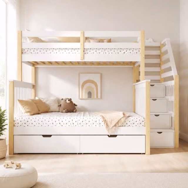 Letto a castello Mivray per bambini con cassetti e scala in legno bianco e beige L/P/H: 254 x 145 x 120 cm
