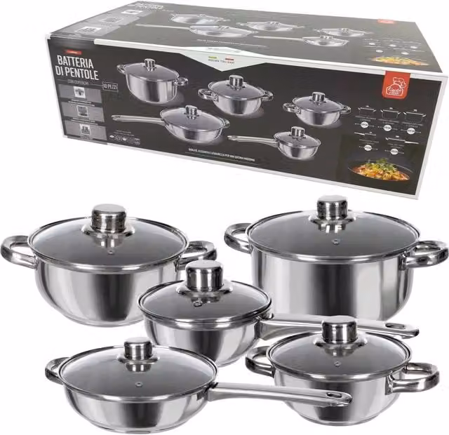 Trade Shop - Batteria Di Pentole In Acciaio Coperchi In Vetro Temperato 10 Pz Valvola Sfiato -