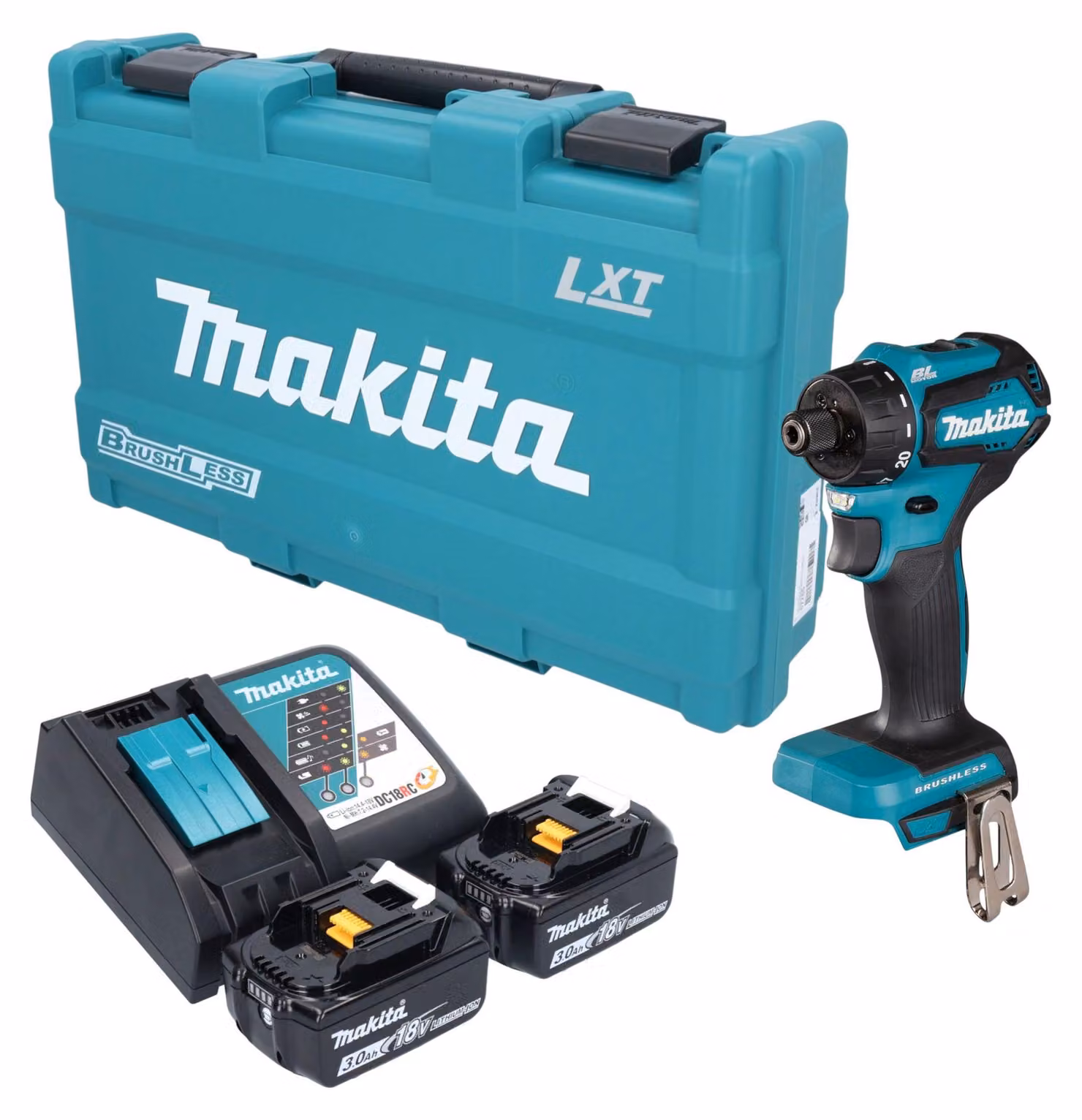 Trapano avvitatore a batteria Makita DDF 083 RFK 18 V 40 Nm 1/4" brushless + 2 batterie da 3,0 Ah + caricabatterie + valigetta