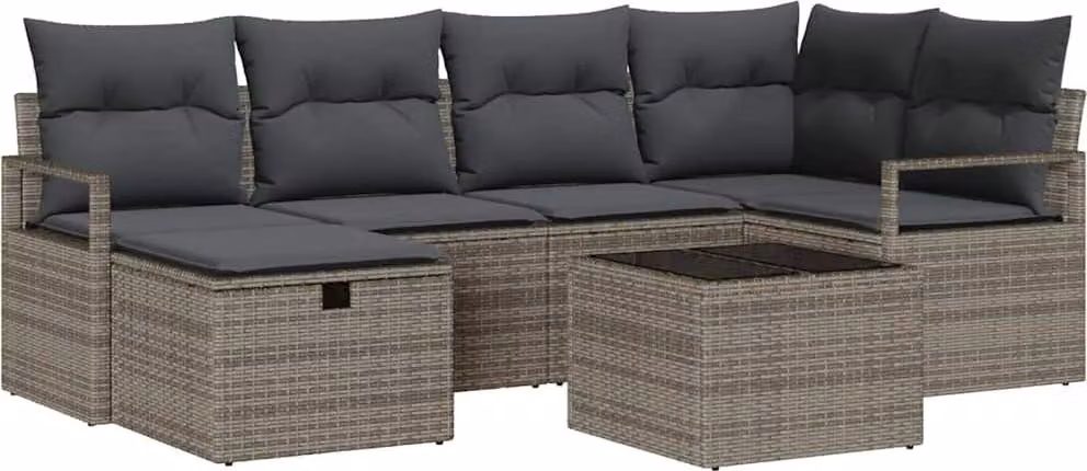 Set Divano da Giardino con cuscino 7 pcs Grigio Poly Rattan
