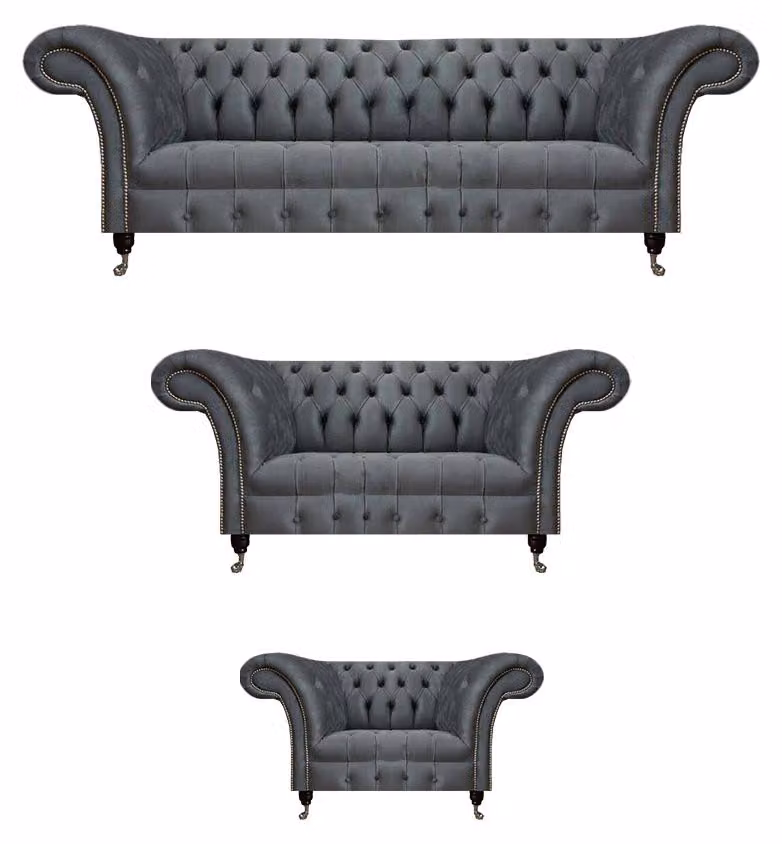 Graue Wohnzimmer Sofas Chesterfield Komplettes Set Dreisitzer Sessel