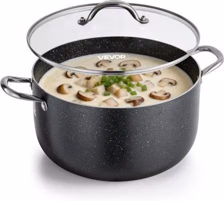 Pentola per zuppe VEVOR in lega di alluminio con rivestimento in ceramica e coperchio in vetro, colore nero, capacità 11,4 l