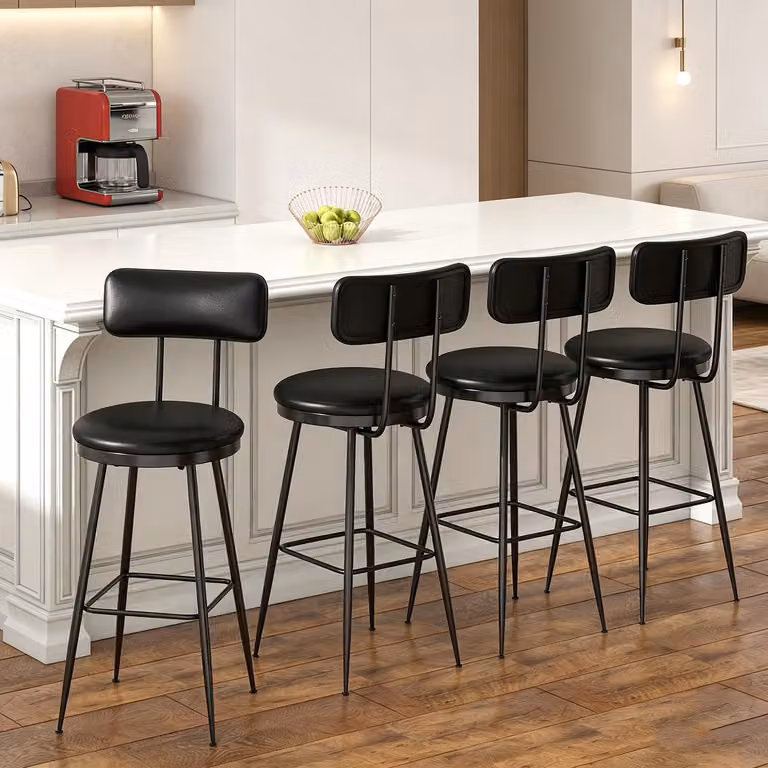 Set di 4 sgabelli da bar INONEFT con schienale, sedie da cucina in stile industriale con poggiapiedi, rivestimento in PU, stile mid-century modern, colore nero