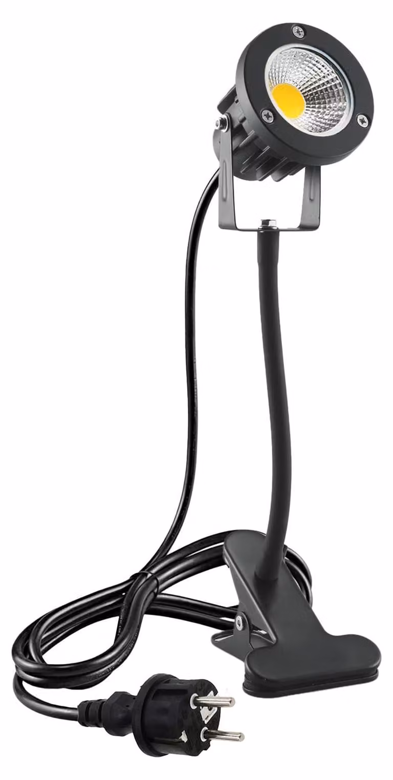 Fareto a LED da 7 W con morsetto, cavo da 2 metri, grado di protezione IP65, luce bianco caldo