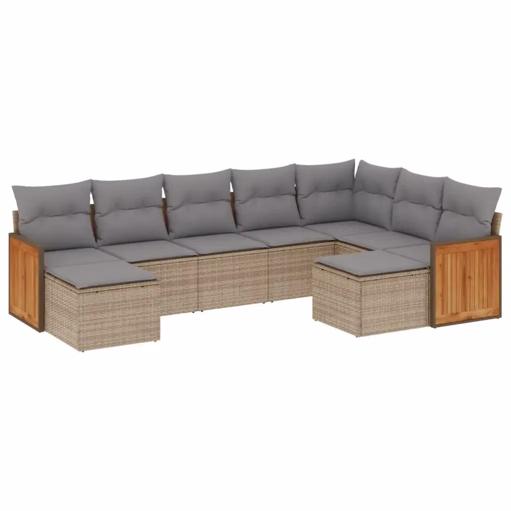 vidaXL Set Divano da Giardino a L 9 pz in Polyrattan con Cuscini Beige e Struttura in Legno di Acacia – 2
