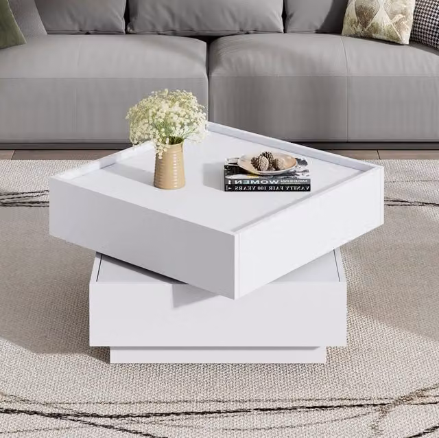 Tavolino da salotto ULEVR 60x60x38 cm girevole a 360¡ã con 2 cassetti e bordi rialzati, bianco