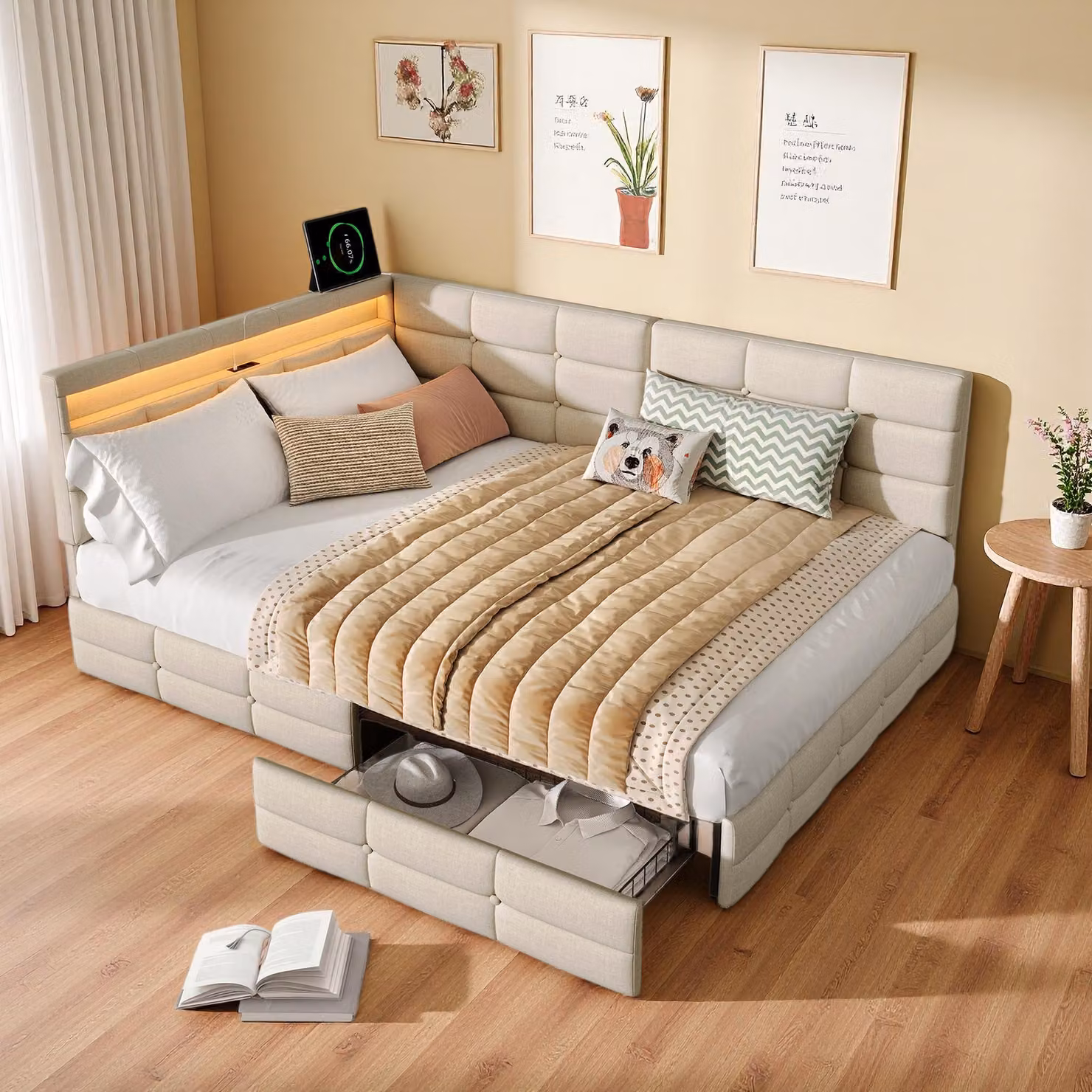 Letto imbottito trasformabile in divano letto, dimensioni 140x200 cm, con illuminazione LED, prese USB di tipo C e prese USB, letto per ragazzi con 2 cassetti e rete a doghe, tessuto in lino, colore beige