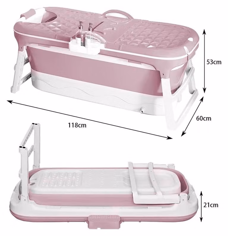 Vasca da bagno pieghevole per adulti - Vasca da bagno portatile - Con coperchio - Con portabagno - 118 cm - Rosa