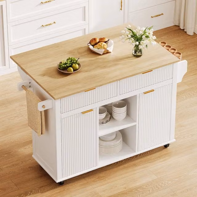 Carrello da Cucina con Ruote ¨C Minimal ¨C Bianco, 120x45 cm, 2 Cassetti, 2 Ante, Ripiani per Spezie, Porta Asciugamani, Piano di Lavoro Pieghevole