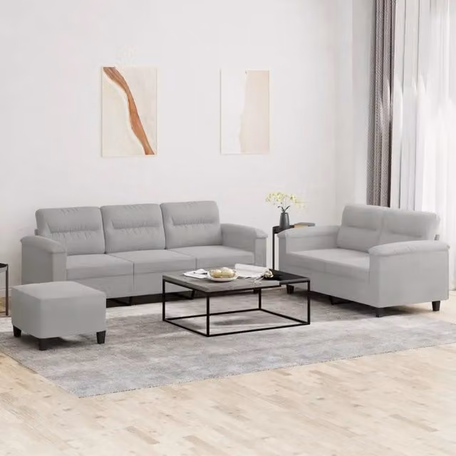 Set di Divani vidaXL 3 Pezzi con Pouf e Cuscini in Microfibra Grigio Moderno – 1