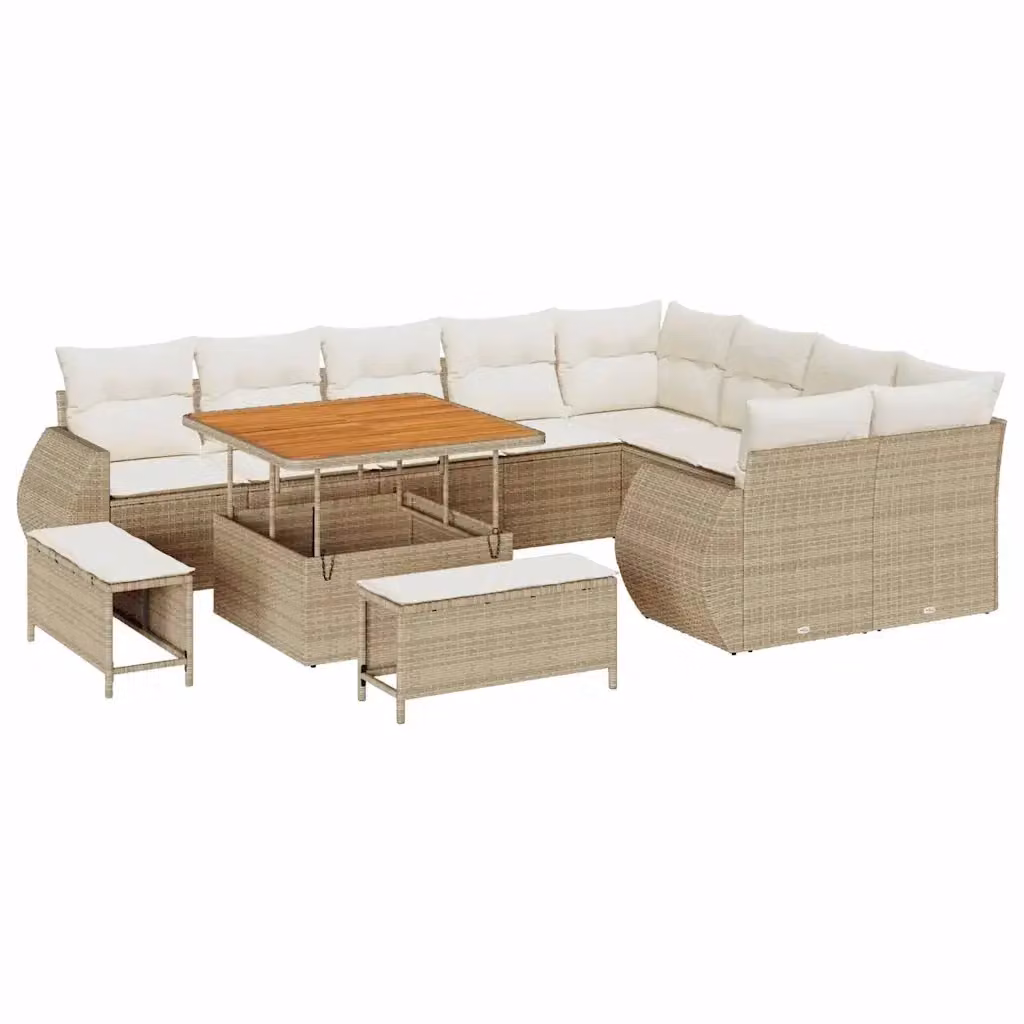 Set Divano da Giardino vidaXL a Forma di L con 12 Posti, Colore Beige e Bianco, con Tavolino, Pouf e Cuscini inclusi – 2