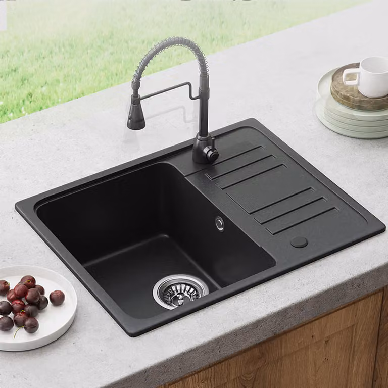 HOROW 57x45 cm lavello in granito lavello da cucina in granito nero lavello da incasso a 1 vasca con installazione reversibile, lavello con scarico a sifone e troppopieno garnitu