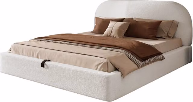 Letto matrimoniale 180x200 cm, letto contenitore con apertura idraulica, imbottito in boucl¨¦ beige con testiera e rete a doghe