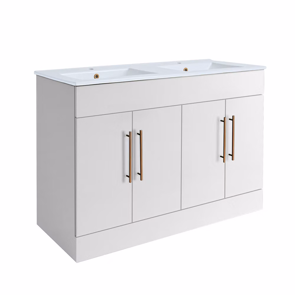 Mobile Bagno a Terra Bianco da 1210mm con Doppio Lavabo e Maniglie con Barra a T in Rame Satinato - Cluo
