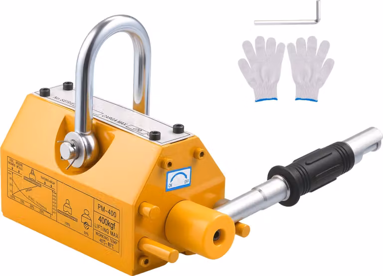 SucceBuy magnete di sollevamento con magnete permanente e capacità di carico di 400 kg, dotato di maniglia di sgancio e gancio in acciaio, ideale per gru da officina e paranchi per il sollevamento di lamiere e tavole in acciaio, giallo