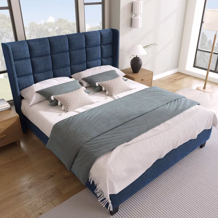 Letto imbottito 140x200 cm con rete a doghe, alta testiera imbottita, rivestimento in lino, struttura in acciaio e piedi neri, colore blu