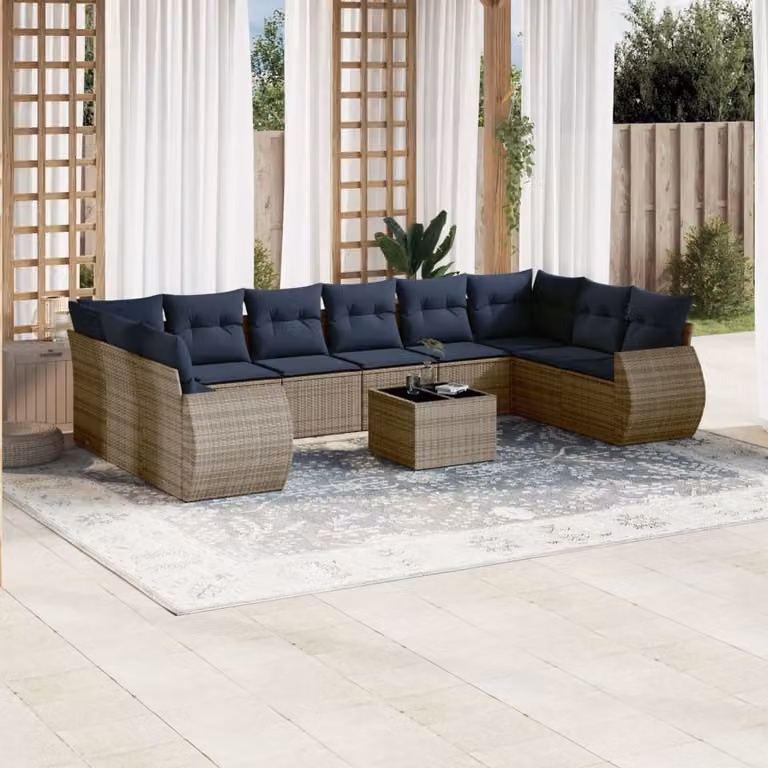 Set di divani da giardino vidaXL in polyrattan da 11 pezzi con cuscini e tavolino, colore grigio e blu, design moderno a L con struttura in metallo e vetro