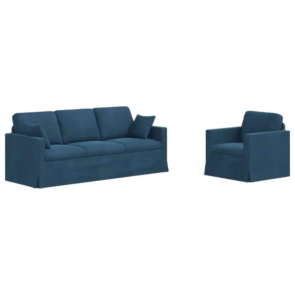Set di 2 divani moderni vidaXL in velluto blu con cuscini inclusi e coperture rimovibili – 2