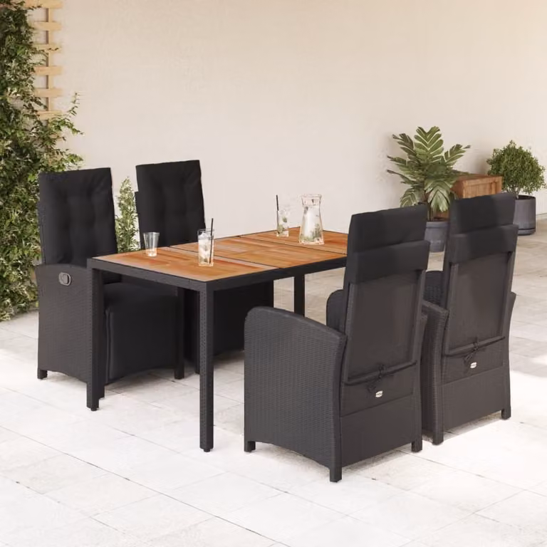 Set da pranzo da giardino vidaXL in polyrattan nero con cuscini e tavolo in legno di acacia