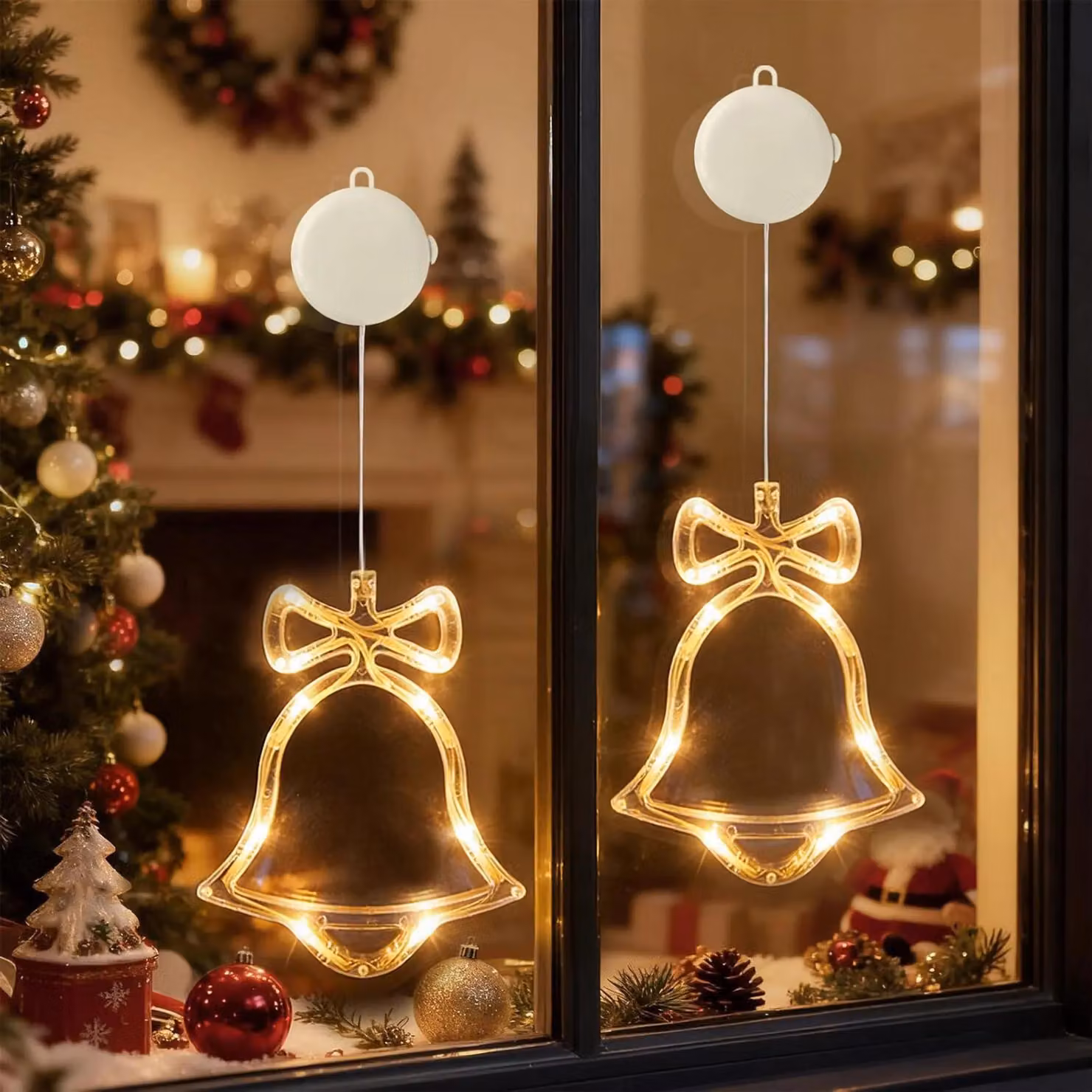 2 pezzi LED Campana luce catena finestra luce con ventosa per partito Natale appeso finestra decorazione