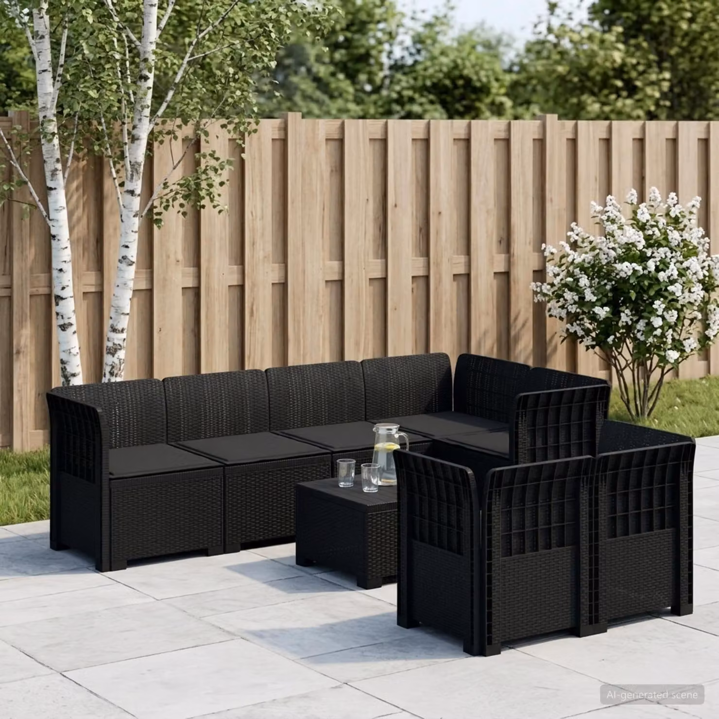 Divano da giardino vidaXL a forma di U con 7 posti, design moderno in polyrattan color antracite e nero con cuscini inclusi e rivestimenti rimovibili