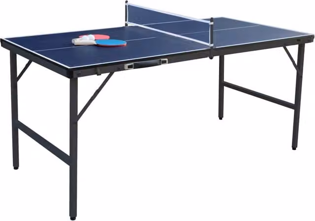 Tavolo da ping pong pieghevole rettangolare con altezza regolabile e piano in MDF laminato, completo di rete, 2 racchette e palline, colore nero e blu, L: 152,5 cm, P: 76 cm, H: 71 cm