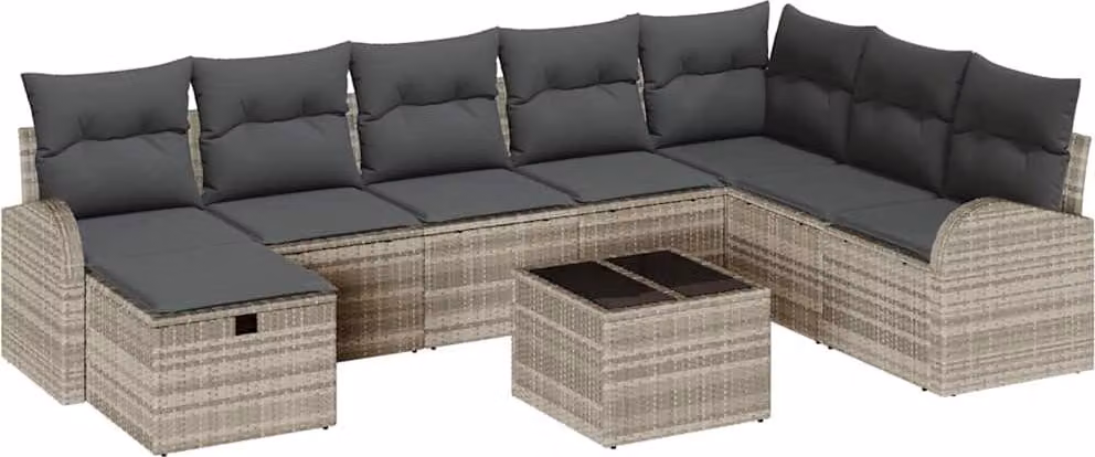 Set Divano da Giardino 9 pcs Grigio chiaro Poly Rattan