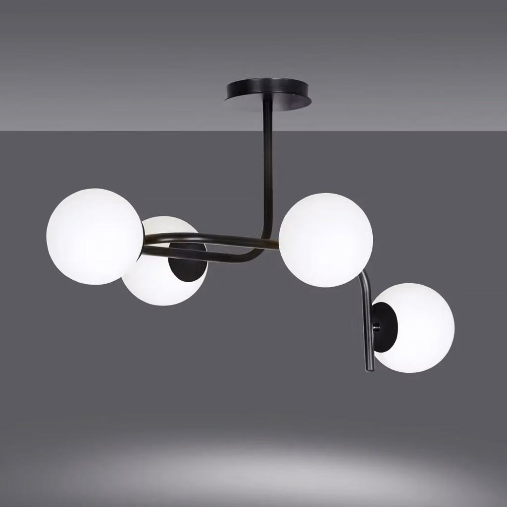 Lampadario a sospensione Luceart-Classic Ramachandra con 4 luci, bracci curvi in metallo nero e sfere in vetro opalino bianco – 2