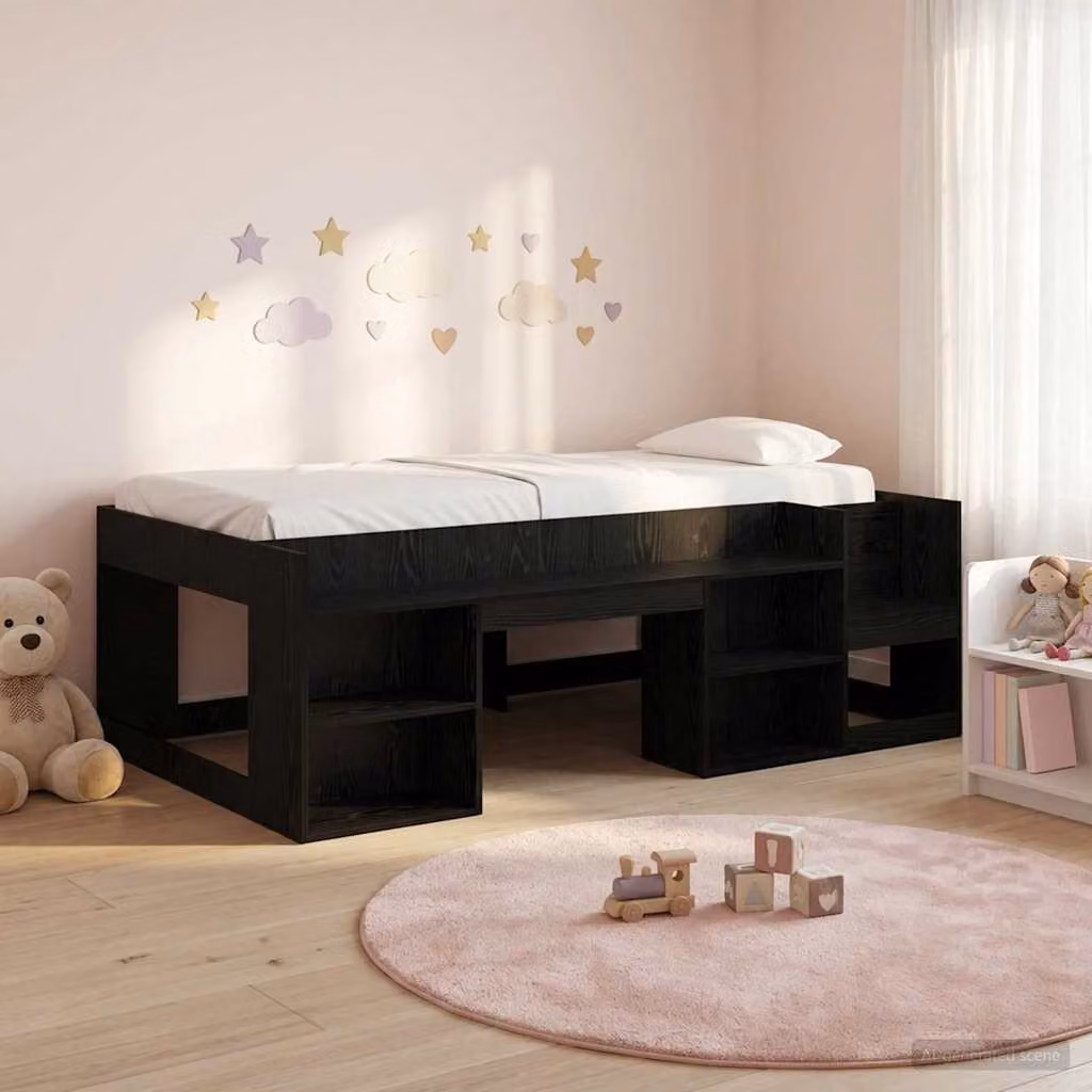 Letto singolo rialzato per bambini vidaXL con scomparti laterali in legno nero L/P/H: 203 x 90 x 118,5 cm
