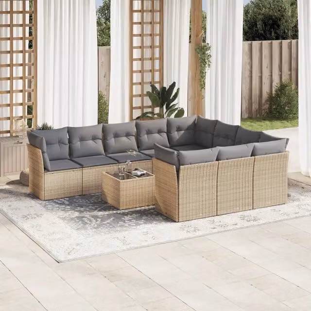 Set di divani da giardino VIDAXL in polyrattan con cuscini beige, composizione a L da 11 pezzi