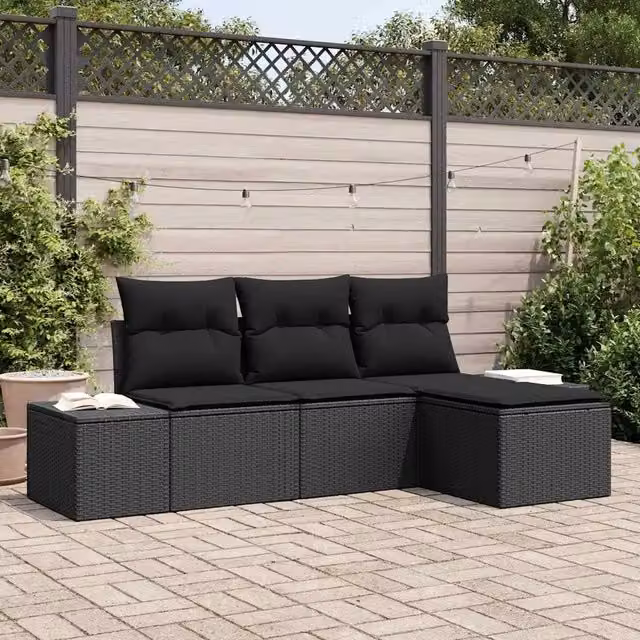 Set Divano da Giardino con cuscino con archiviazione 4 pz-Sofa da Giardino-Divanetto da esterno Nero 168079