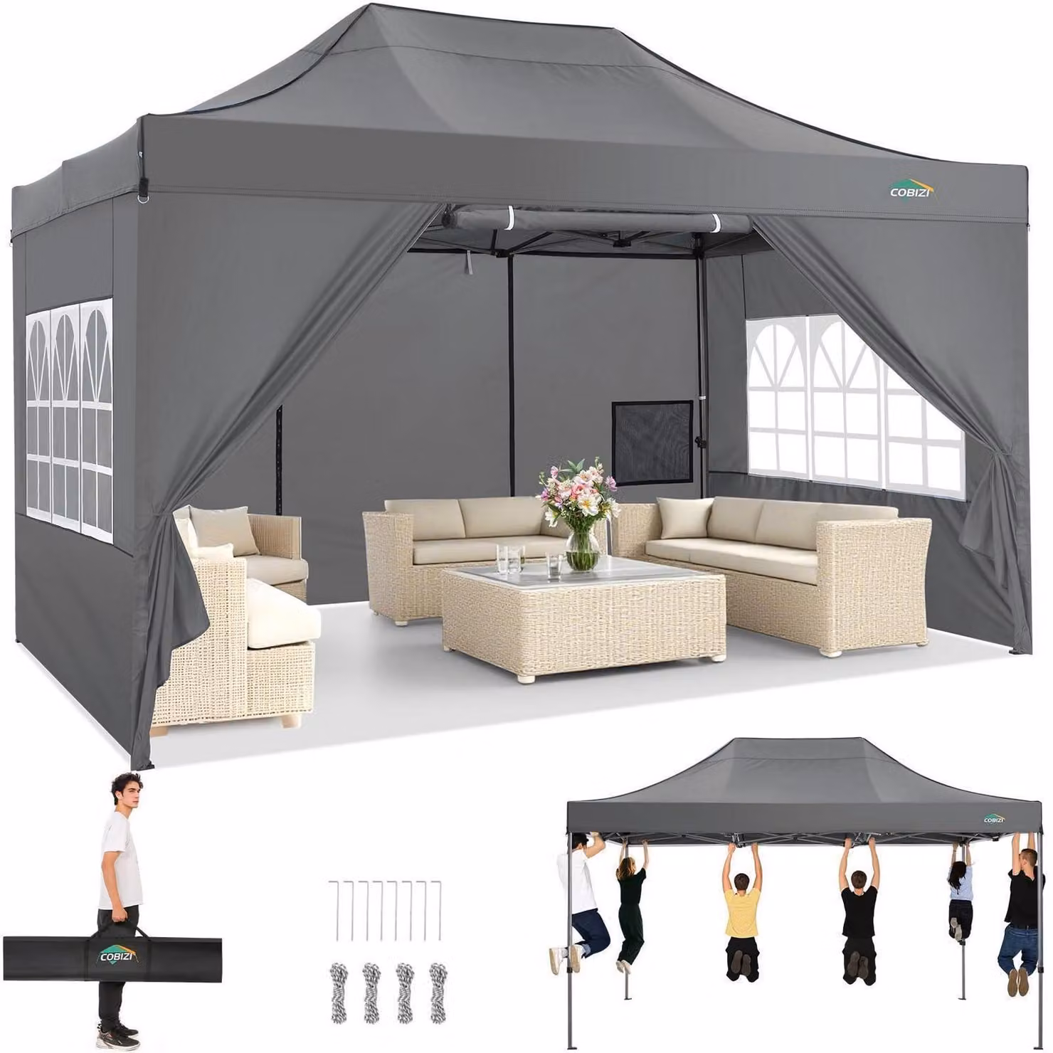 Gazebo da esterno 3x4,5 metri, impermeabile, con protezione UV 50+ e 4 pannelli laterali grigi