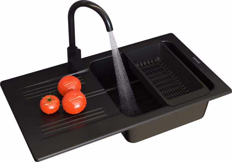 Granitan - Lavello in granito - Lavandino 77,5x43,5 cm - Lavello cucina nero - con miscelatore - ADA