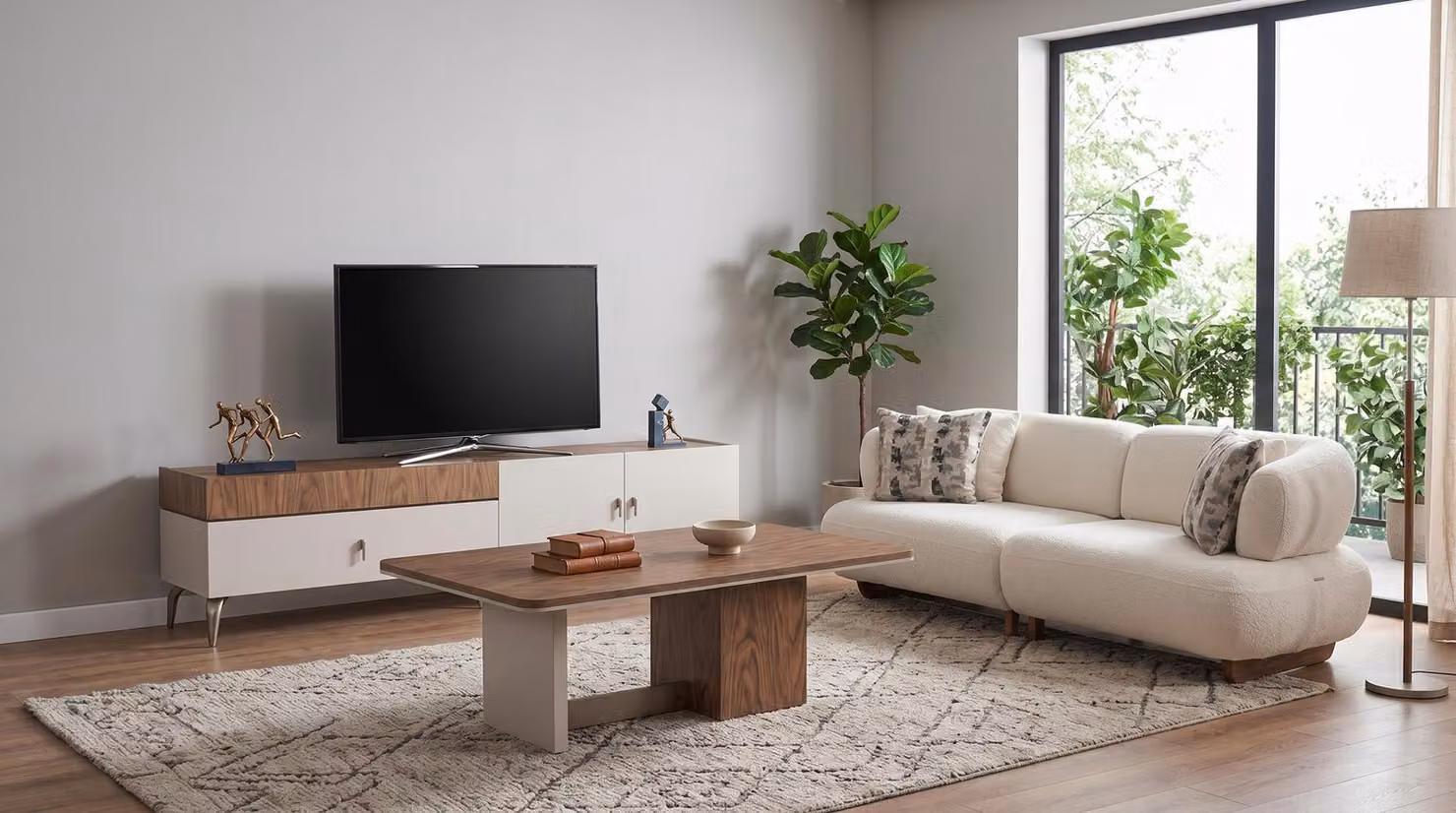 Divano a 3 posti, mobili per la TV, tavolino, design moderno, colore beige, elegante, confortevole, ideale per il relax