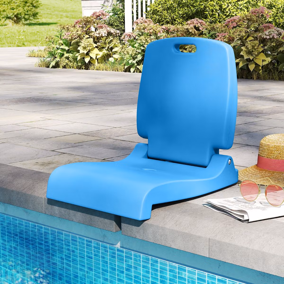 Sedia pieghevole da esterno Costway in textilene blu con maniglia e supporto lombare per giardino e piscina