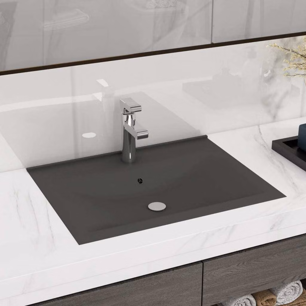 The Living Store Lavabo con foro per rubinetto grigio scuro opaco 60x46 cm in Vetroceramica