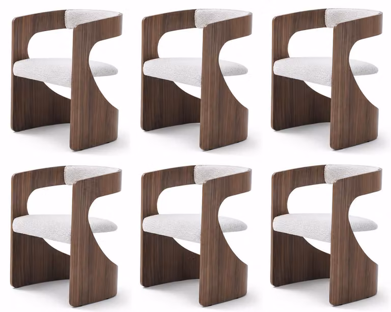 Gruppo di sedie bianco, rivestito in tessuto, in legno, dal design scultoreo, espressivo, confortevole ed elegante